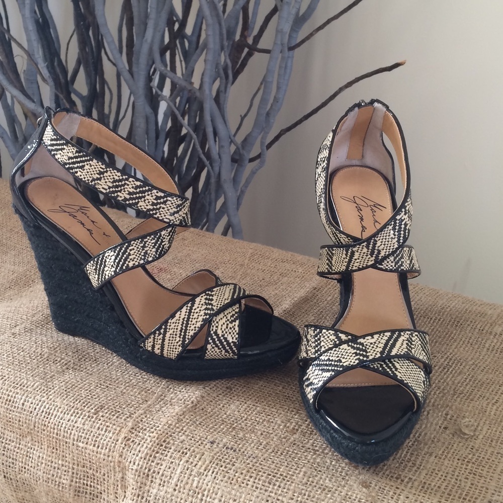 Mark & James by Badgley Mischka Reza II Black Print Strap Wedge Sandals Size 7.5